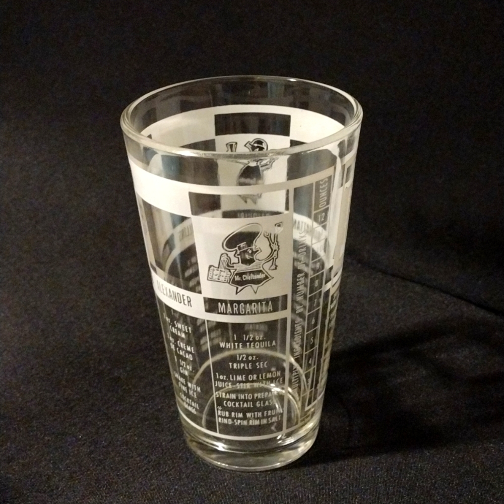 Vintage Mr. Bartender Glass with drink recipes and measurements
